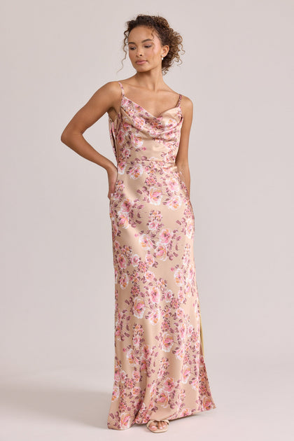 Nadia Satin Floral Print Dress | Made To Order | Honey Beige Blossom