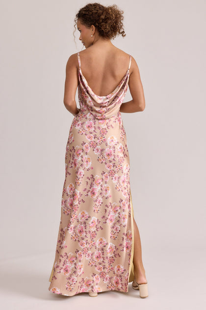 Nadia Satin Floral Print Dress | Made To Order | Honey Beige Blossom