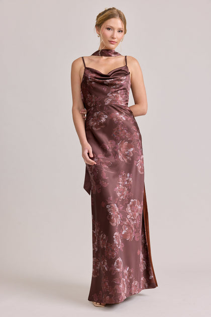 Nadia Satin Floral Print Dress | Made To Order | Mahogany Blooms