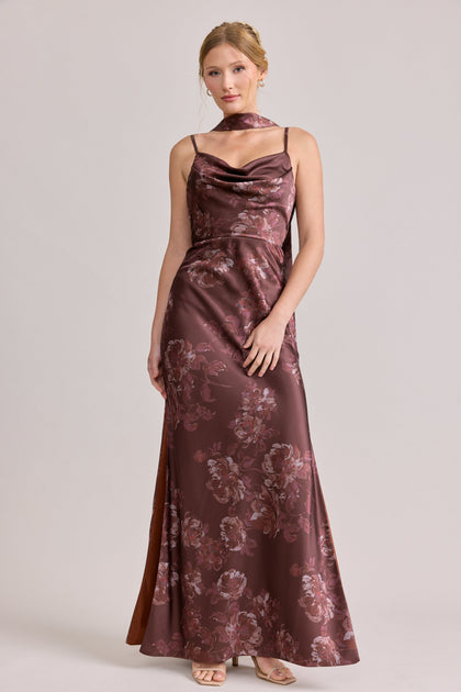 Nadia Satin Floral Print Dress | Made To Order | Mahogany Blooms