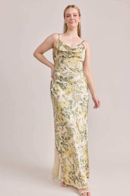 Nadia Satin Floral Print Dress | Made To Order | Pale Yellow Meadow Blooms