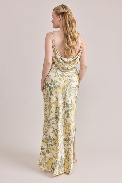 Nadia Satin Floral Print Dress | Made To Order | Pale Yellow Meadow Blooms