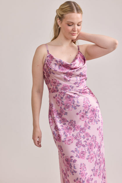 Nadia Satin Floral Print Dress | Made To Order | Perfect Pink Blossom