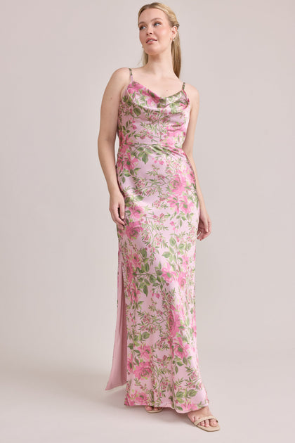 Nadia Satin Floral Print Dress | Made To Order | Perfect Pink Meadow Blooms