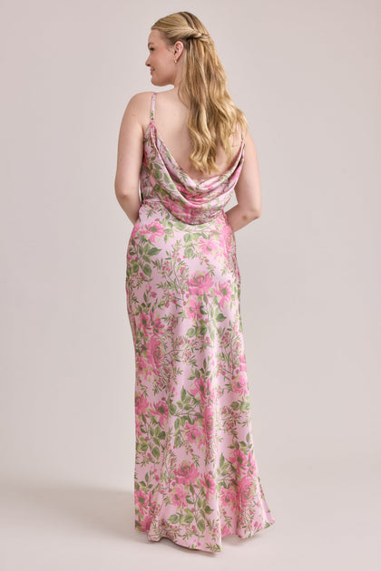 Nadia Satin Floral Print Dress | Made To Order | Perfect Pink Meadow Blooms