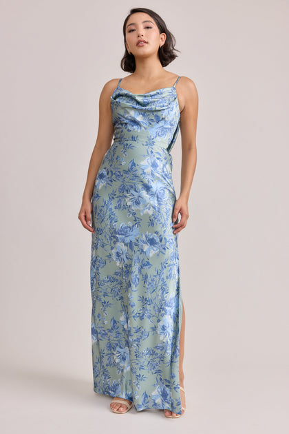 Nadia Satin Floral Print Dress | Made To Order | Sage and Sky Blue Meadow Blooms