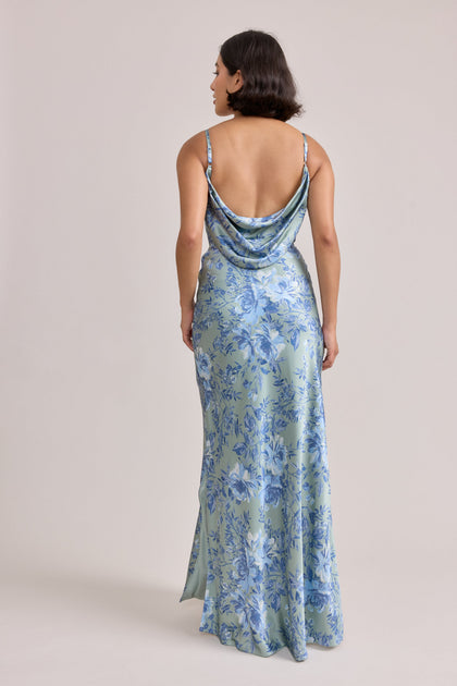 Nadia Satin Floral Print Dress | Made To Order | Sage and Sky Blue Meadow Blooms