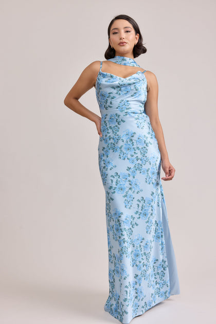 Nadia Satin Floral Print Dress | Made To Order | Sky Blue Blossom