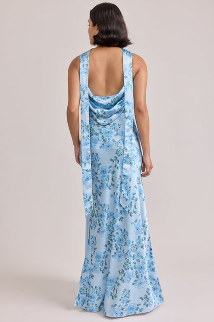 Nadia Satin Floral Print Dress | Made To Order | Sky Blue Blossom