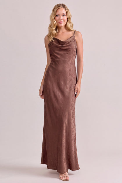 Nadia Satin Jacquard Dress | Mahogany