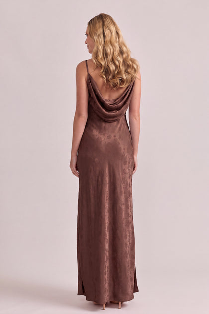 Nadia Satin Jacquard Dress | Mahogany