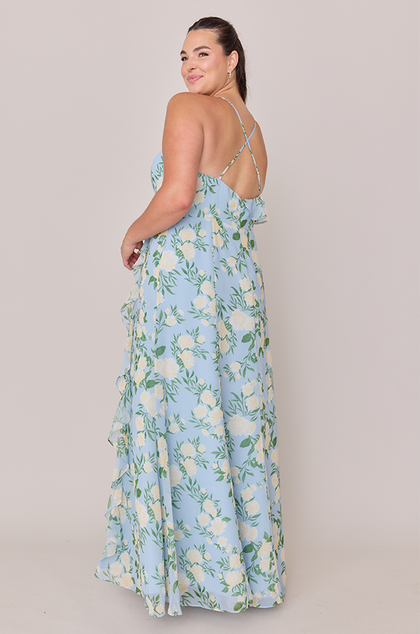 Paloma Chiffon Floral Print Dress | Made To Order | Sky Blue Multi Bouquet