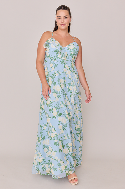 Paloma Chiffon Floral Print Dress | Made To Order | Sky Blue Multi Bouquet