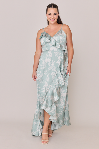 Paloma Satin Floral Print Dress | Made To Order | Sage and Champagne Bouquet