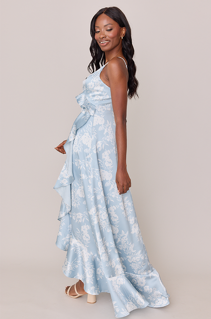 Paloma Satin Floral Print Dress | Made To Order | Sky Blue Bouquet