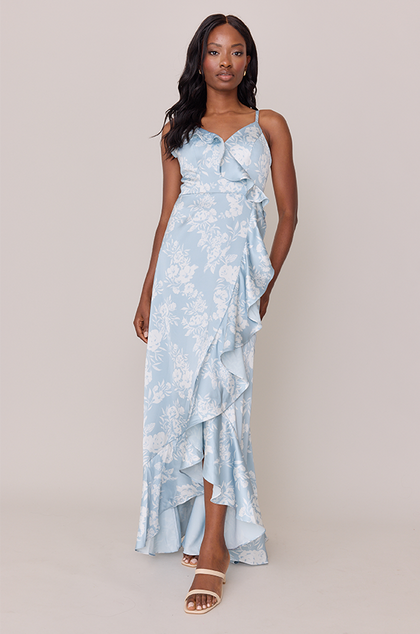 Paloma Satin Floral Print Dress | Made To Order | Sky Blue Bouquet