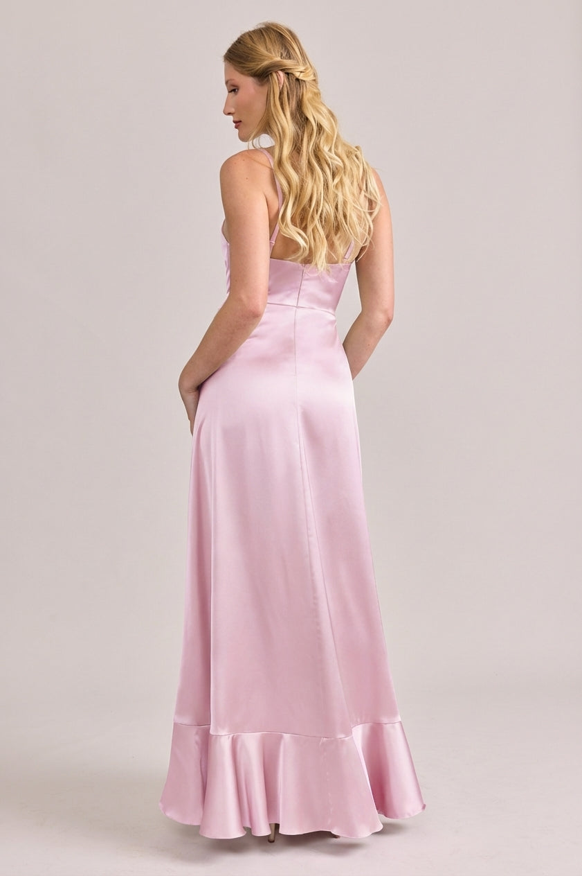 open lace back dress Strapless Light Pink Satin Prom Dress A-Line Long with Bow Light Pink / US6 main image 0
