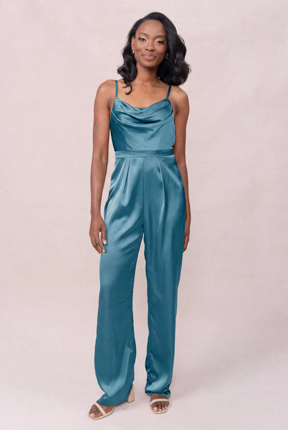 Parker Satin Jumpsuit | Made To Order - Turquoise