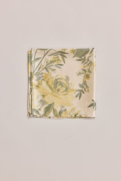 Satin Floral Print Pocket Square | Made To Order | Pale Yellow Meadow Blooms