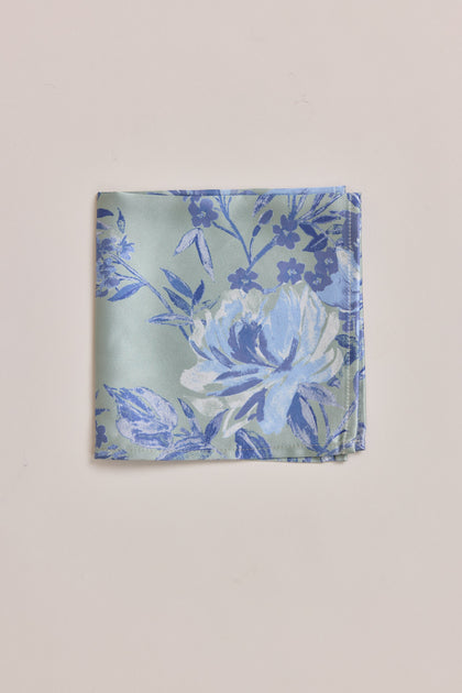 Satin Floral Print Pocket Square | Made To Order | Sage and Sky Blue Meadow Blooms
