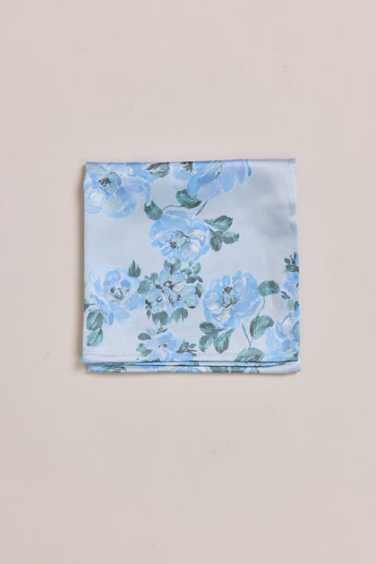 Satin Floral Print Pocket Square | Made To Order | Sky Blue Blossom