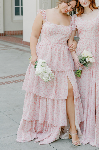 Model: Venezia; Size: 18; Color: Blushing Bride Posey | Pictured with the Madeline dress in Blushing Bride Posey Chiffon