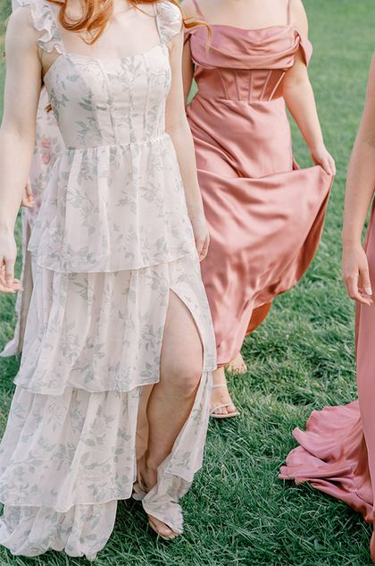 Model: Riley; Size: 4; Color: Champagne Bouquet, pictured with Desert Rose Satin