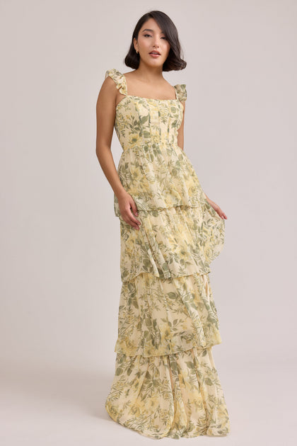Poppy Chiffon Floral Print Dress | Made To Order | Pale Yellow Meadow Blooms