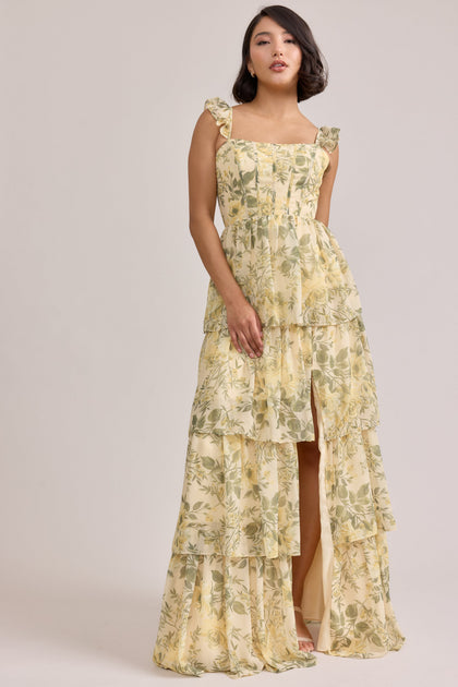 Poppy Chiffon Floral Print Dress | Made To Order | Pale Yellow Meadow Blooms