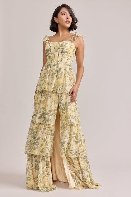 Poppy Chiffon Floral Print Dress | Made To Order | Pale Yellow Meadow Blooms