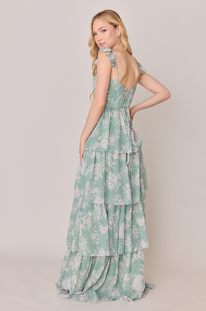 Model: Ali; Size: 4; Color: Sage and Champagne Bouquet