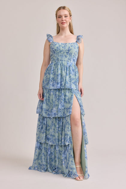 Poppy Chiffon Floral Print Dress | Made To Order | Sage and Sky Blue Meadow Blooms