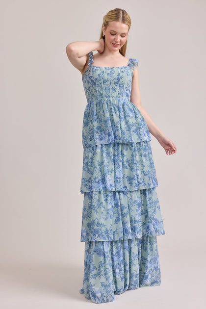 Poppy Chiffon Floral Print Dress | Made To Order | Sage and Sky Blue Meadow Blooms
