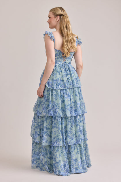 Poppy Chiffon Floral Print Dress | Made To Order | Sage and Sky Blue Meadow Blooms