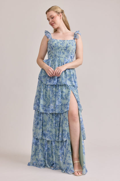 Poppy Chiffon Floral Print Dress | Made To Order | Sage and Sky Blue Meadow Blooms