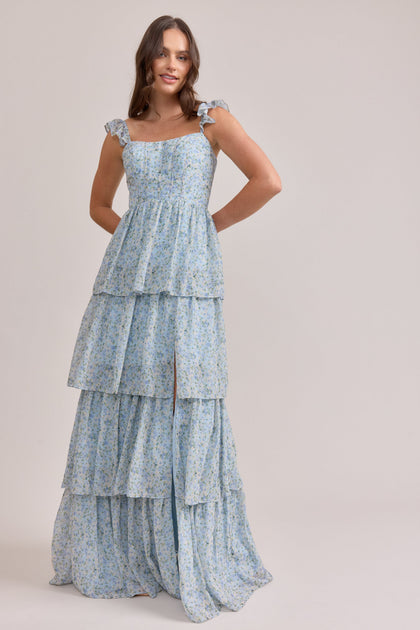 Poppy Chiffon Floral Print Dress | Made To Order | Sky Blue Multi Posey