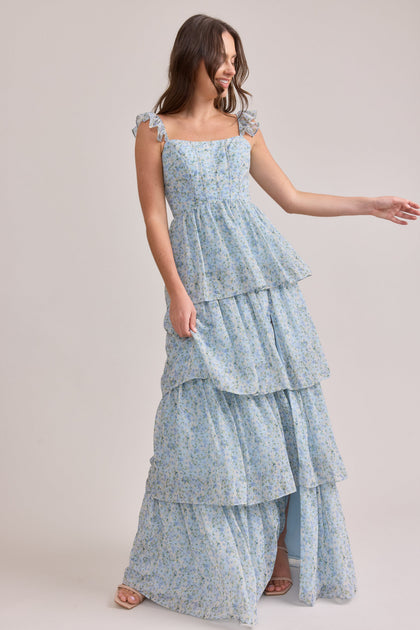 Poppy Chiffon Floral Print Dress | Made To Order | Sky Blue Multi Posey