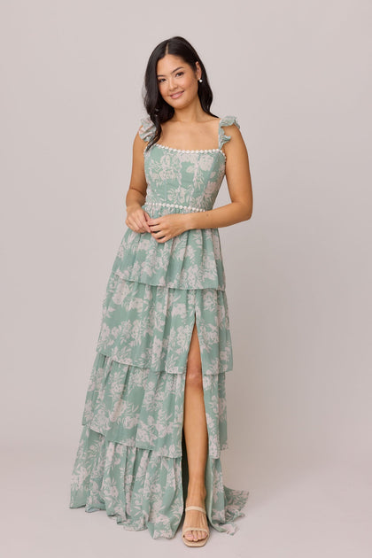 Poppy Luxe Chiffon Floral Print Dress | Made To Order | Sage and Champagne Bouquet