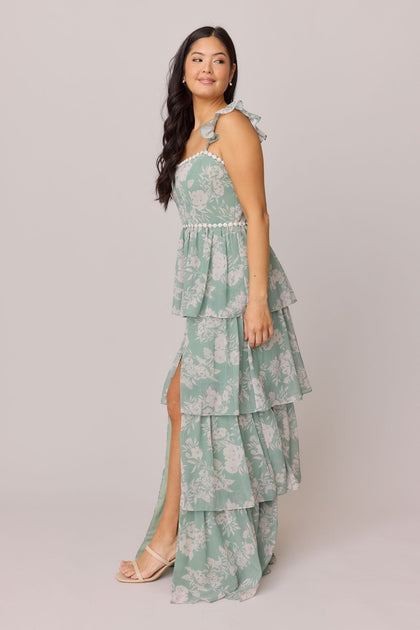 Poppy Luxe Chiffon Floral Print Dress | Made To Order | Sage and Champagne Bouquet