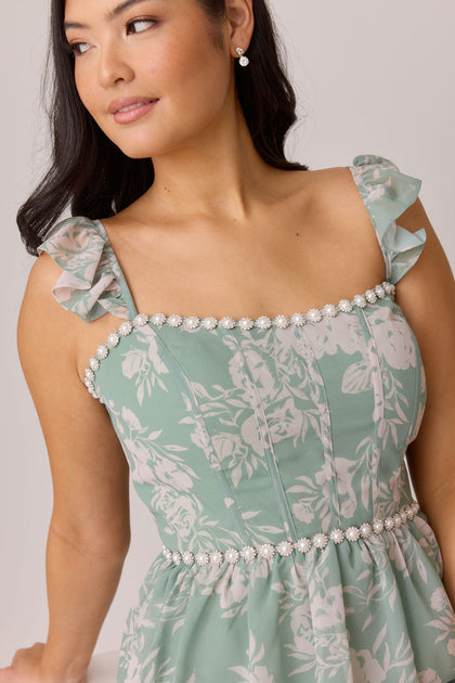 Poppy Luxe Chiffon Floral Print Dress | Made To Order | Sage and Champagne Bouquet