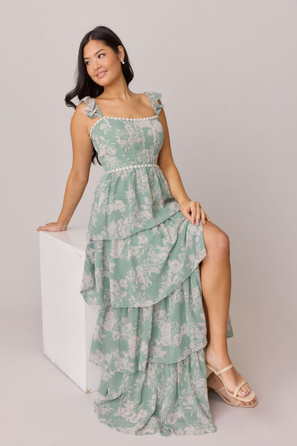 Poppy Luxe Chiffon Floral Print Dress | Made To Order | Sage and Champagne Bouquet