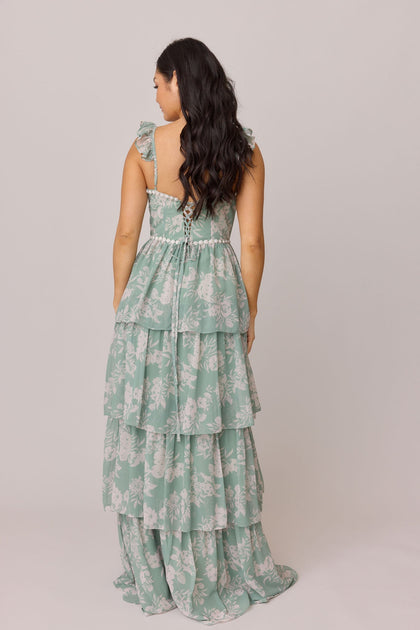Poppy Luxe Chiffon Floral Print Dress | Made To Order | Sage and Champagne Bouquet