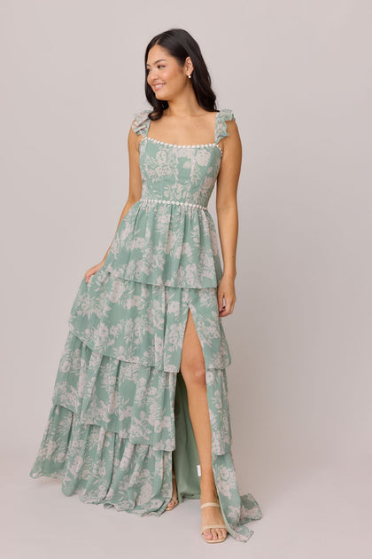 Poppy Luxe Chiffon Floral Print Dress | Made To Order | Sage and Champagne Bouquet
