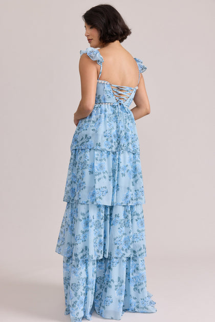Poppy Luxe Chiffon Floral Print Dress | Made To Order | Sky Blue Blossom