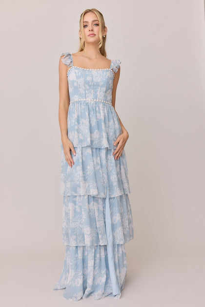 Poppy Luxe Chiffon Floral Print Dress | Made To Order | Sky Blue Bouquet