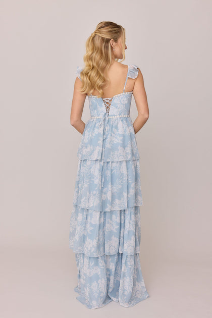 Poppy Luxe Chiffon Floral Print Dress | Made To Order | Sky Blue Bouquet
