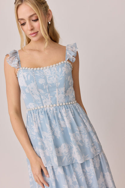 Poppy Luxe Chiffon Floral Print Dress | Made To Order | Sky Blue Bouquet