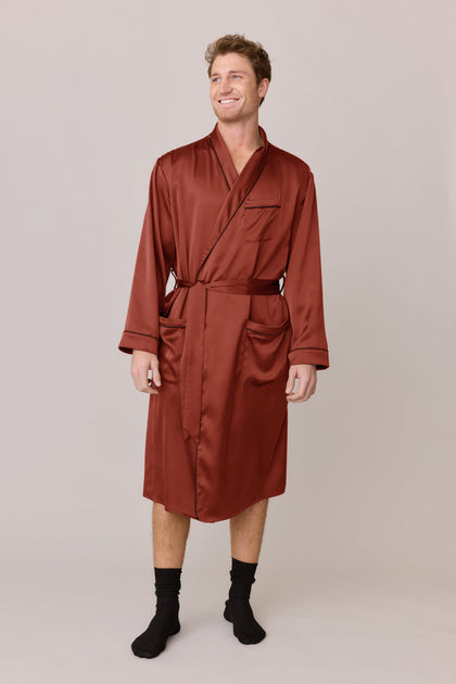 Color: Terracotta Rust Satin with Black Piping
