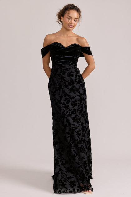 Quincy Velvet + Floral Burnout Velvet Dress | Made To Order | Black Velvet / Black Burnout Velvet
