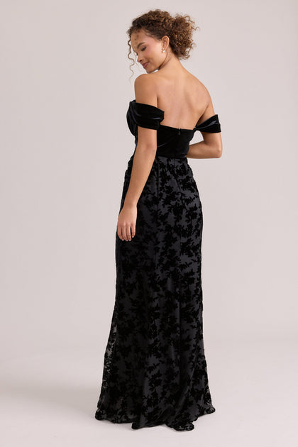 Quincy Velvet + Floral Burnout Velvet Dress | Made To Order | Black Velvet / Black Burnout Velvet